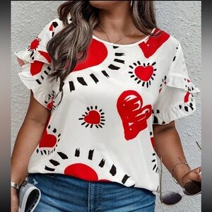 Plus Size Heart Print Petal Short Sleeve Top Blouse Shirt